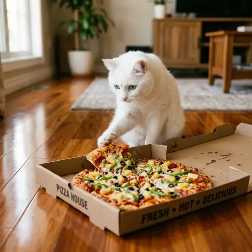 Cute Cat with Green Eyes and Pizza on a Wooden Floor