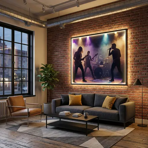 Loft-Style Room with Exposed Brick Walls and Illuminated Rock Band Art Piece