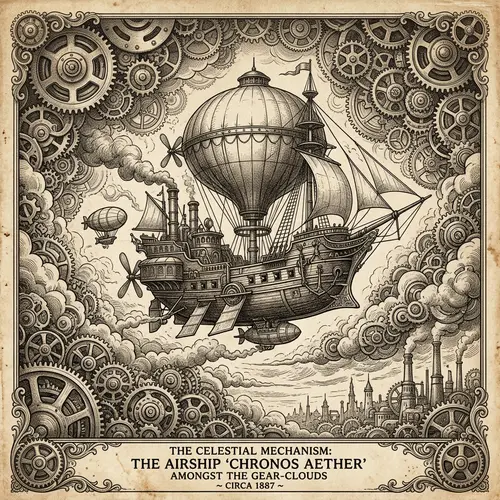 Steampunk Flying Ship Art - Vintage Etching Design