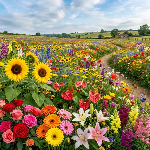 Vibrant Horizontal Floral Landscape with Diverse Blooms