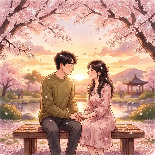 Romantic Asian Couple Under Cherry Blossom Tree
