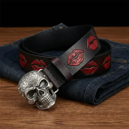 Stylish Lip Design Belt with Skull Buckle