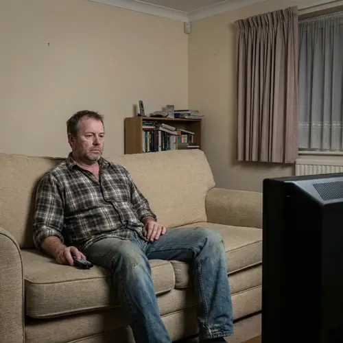 Tired Middle-Aged Man in Modest Living Room | Life Struggles