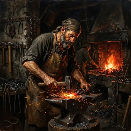 Skilled Middle-Eastern Blacksmith in Dimly Lit Forge