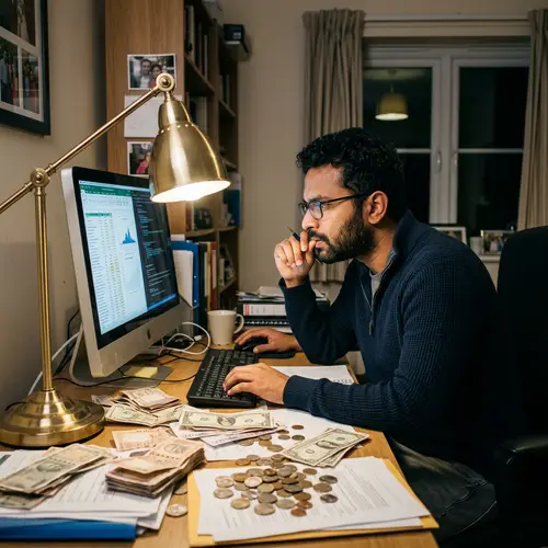 Determined South Asian Man Studying Surrounded by Currency