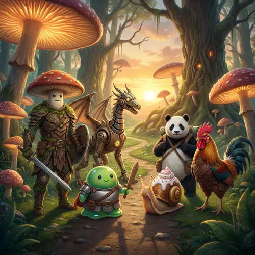 Fantasy Mushroom Swordsman and Companions in Armor and Whimsical Setting