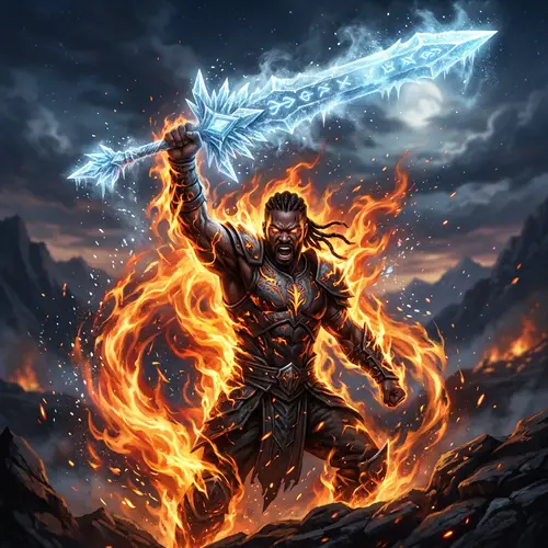 Black Man with Fire Aura Holding Ice Sword