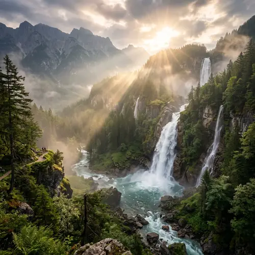 Majestic Sunlight Rays and Waterfalls in Natural Landscape