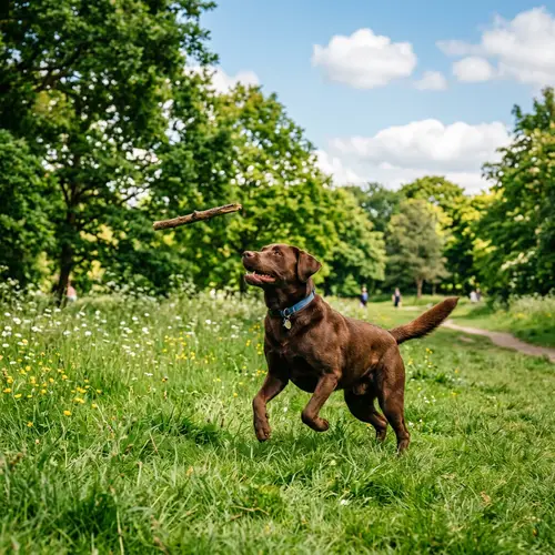 Playful Labrador Retriever Fetching Stick in Lush Green Park