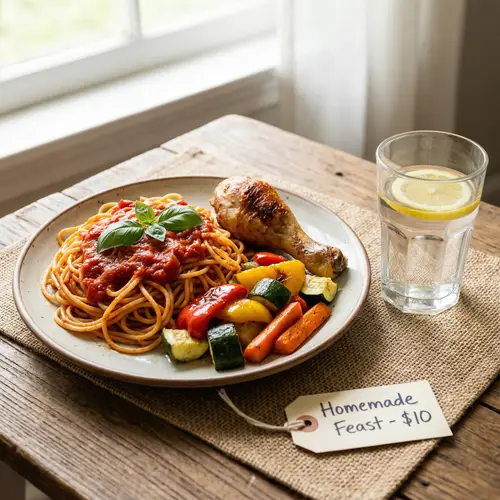 Delicious $10 Meal: Savory Pasta, Roasted Veggies, Baked Chicken