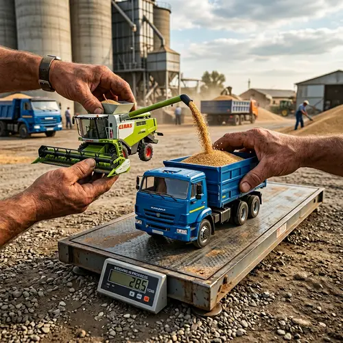 Combine Harvester and KamAZ Truck: Grain Transfer on Truck Scales