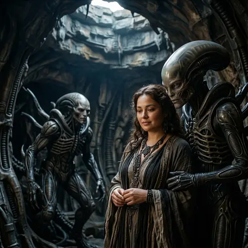 Ultra-Realistic Photographic Scene with Human-like Goddess and Alien Mother
