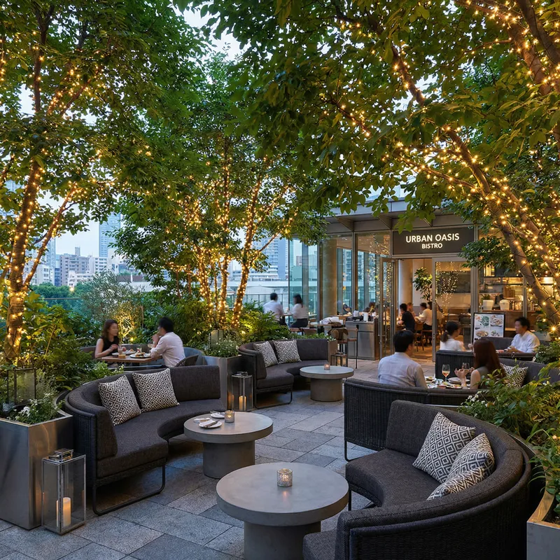 Modern Terrace with Semi-Circular Sofas and Lush Green Trees