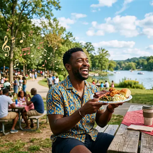 Joyful Black Man Laughing in the Park with Delicious Food and Music Notes