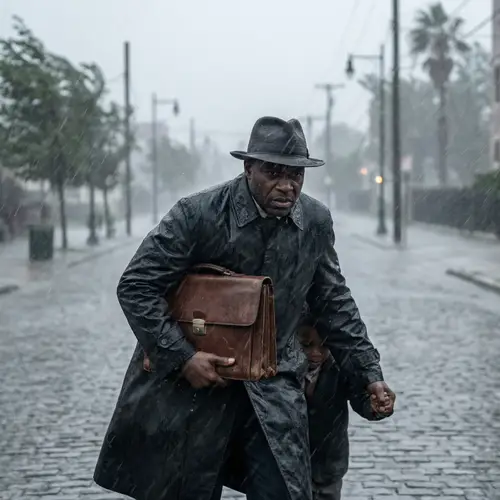 Resilient Black Man Battling Harsh Storm with Professional Aspirations