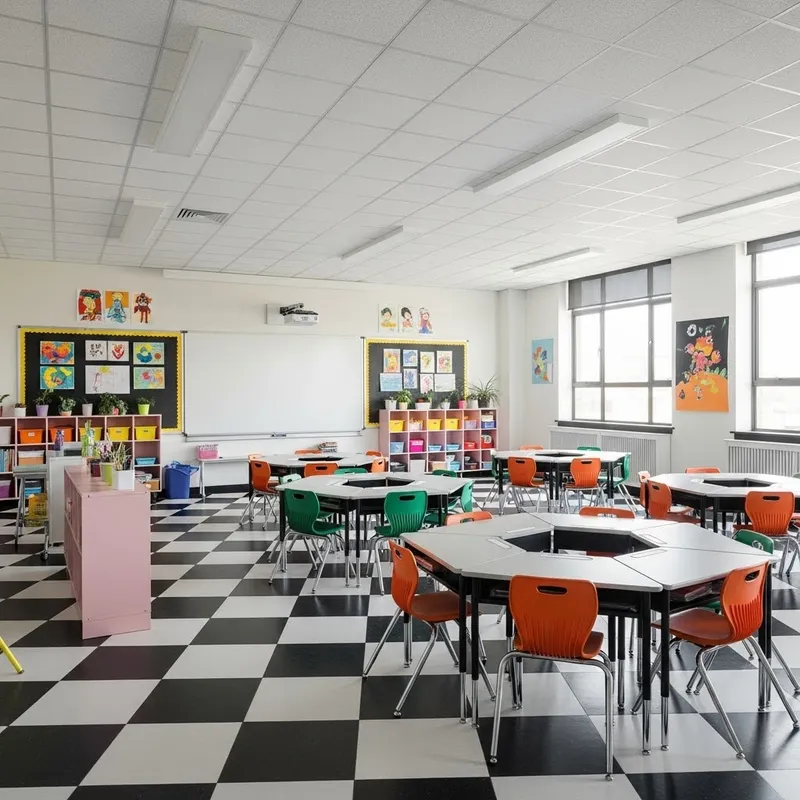 Vibrant Classroom Design with Checkered Patterns