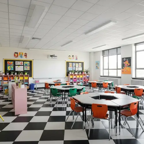 Vibrant Classroom Design with Checkered Patterns