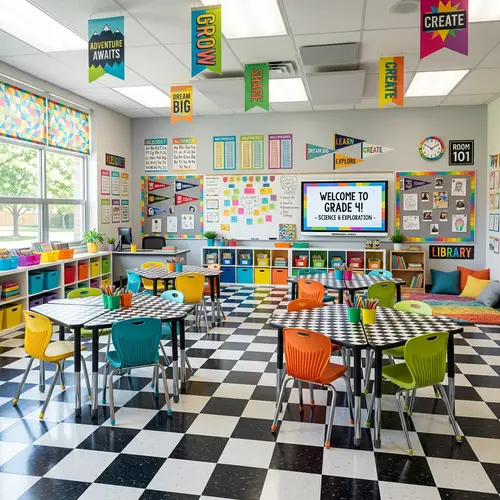 Vibrant Classroom Design with Checkered Patterns