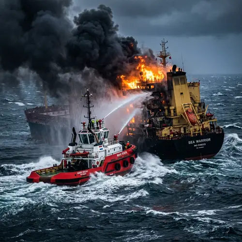 Maritime Rescue: Red & White Tugboat Battles Blaze at Sea