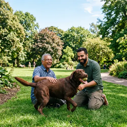 Joyful Men with Loyal Canine in Lush Park