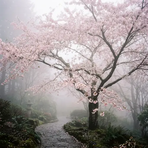 Ethereal Sakura in Mist: A Serene Landscape
