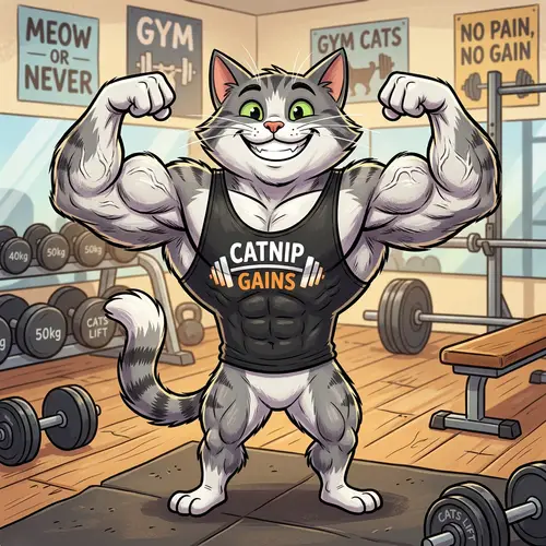 Muscular Cartoon Cat Flexing Biceps | Grey & White Fur