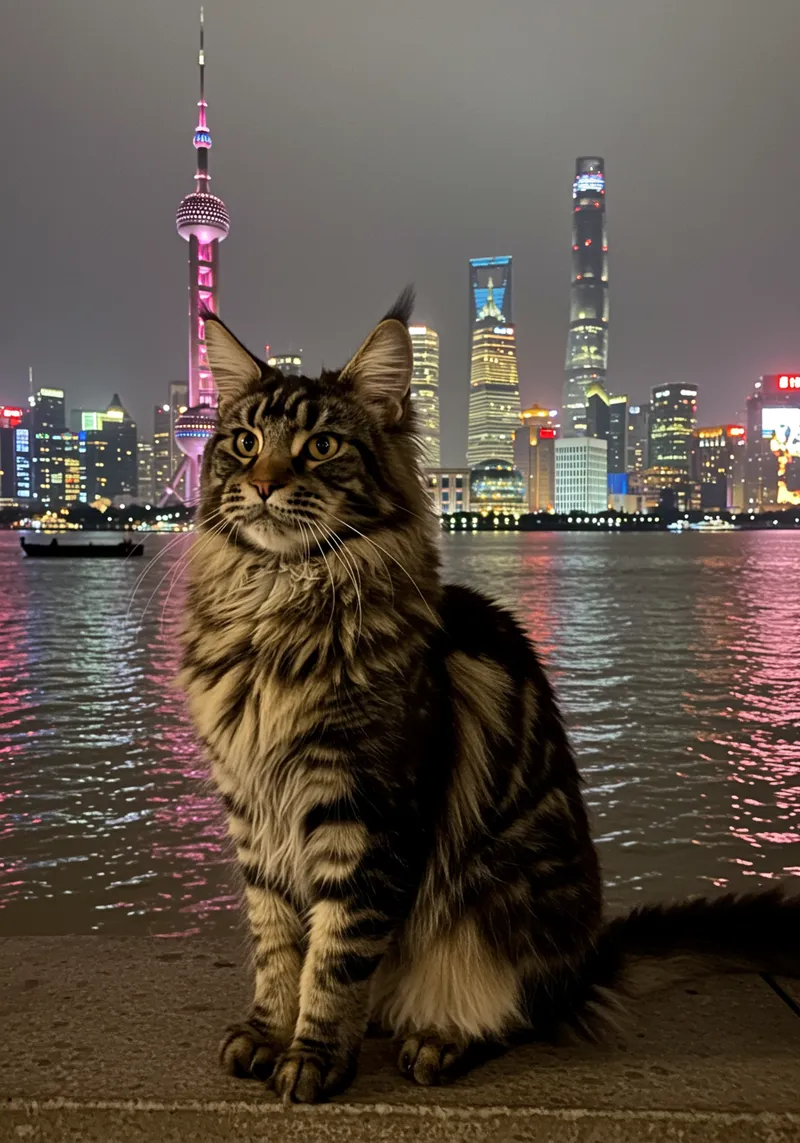 Stunning Maine Coon Cat at Night in Shanghai