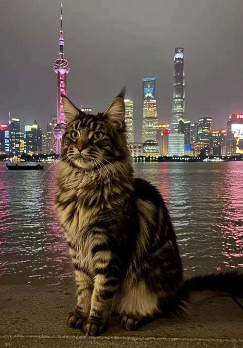 Stunning Maine Coon Cat at Night in Shanghai