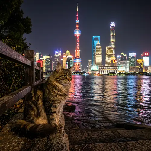Stunning Maine Coon Cat at Night in Shanghai