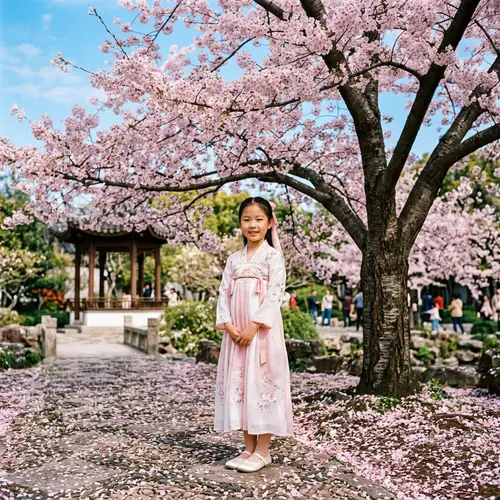 Chinese Girl Under Blooming Cherry Blossom Tree