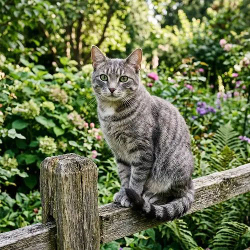 Beautiful Grey Striped Cat Sitting Peacefully on a Fence