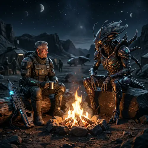 Alien Queen and Human General by the Fire
