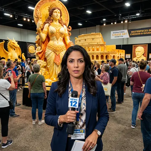 Female Reporter Covering Cheese Statue Exhibition