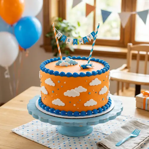 One-Tiered Orange Cake with Blue Trim and Clouds