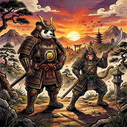 Samurai Panda and Monkey Illustration in Sunset Landscape