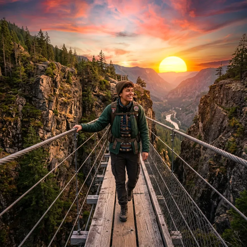 Breathtaking Sunset Scene: Person Crossing Suspension Bridge in Nature