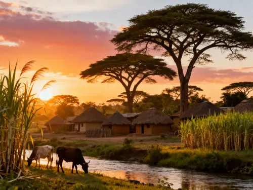 Sunrise Over an African Village: Rustic Beauty