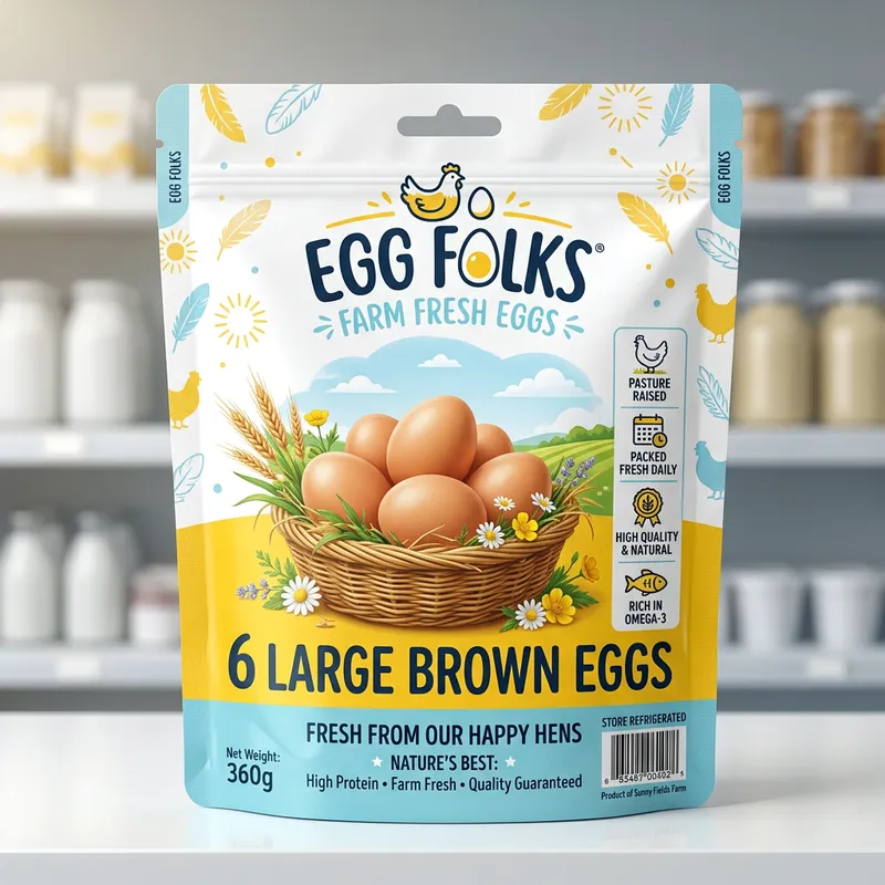 Egg Folks Pillow Pouch Design | Fresh & Quality Packaging Egg Folks Pillow Pouch Design | Fresh & Quality Packaging
