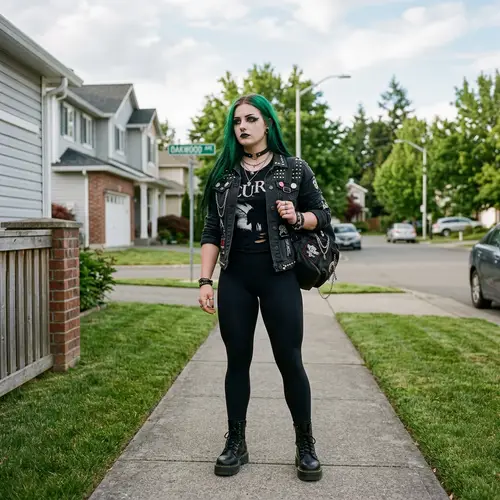 Gothic Teen Girl with Striking Style in Suburban Setting