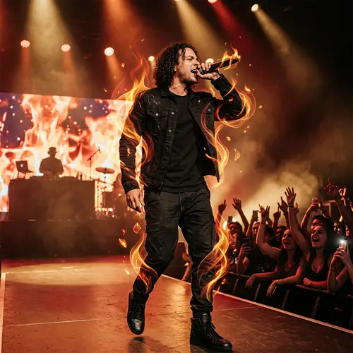 Fiery Rap Concert: Curly-Haired Performer on Stage