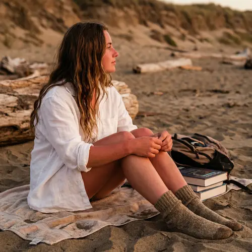 8K Raw Image of Female College Student on Sandy Beach - Photorealistic Rendering