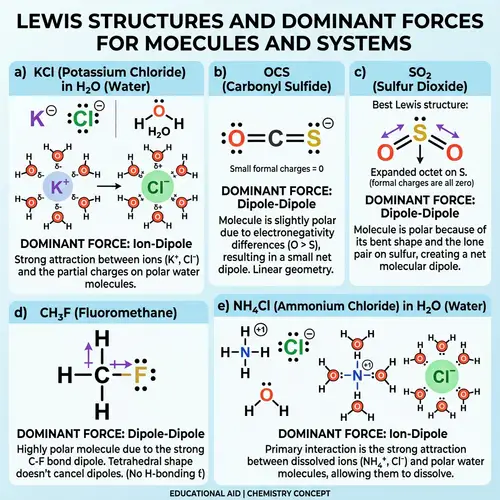 Lewis Structures and Force Prediction for KCl, OCS, SO2, CH3F, NH4Cl in Water
