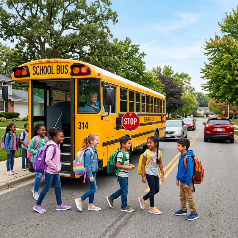 Diverse Students Exiting School Bus - Multicultural Scene Diverse Students Exiting School Bus - Multicultural Scene