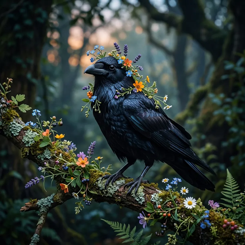 Raven with Beautiful Flowers - A Unique Art Piece