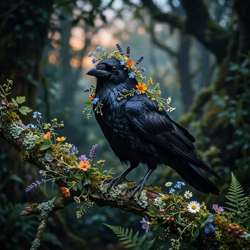 Raven with Beautiful Flowers - A Unique Art Piece