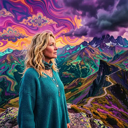 Psychedelic Mountain Landscape with a Reflective Woman