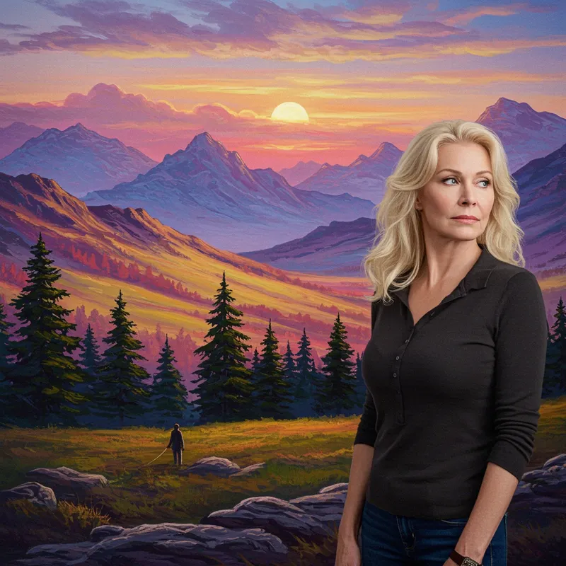 Psychedelic Mountain Landscape with a Reflective Woman Psychedelic Mountain Landscape with a Reflective Woman