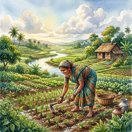 South Asian Female Farmer in Biodiverse Rural Farm - Watercolor Painting