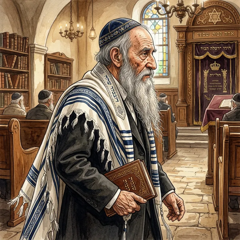 Elderly Rabbi Profile with Gray Long Beard, Kippah & Tallit