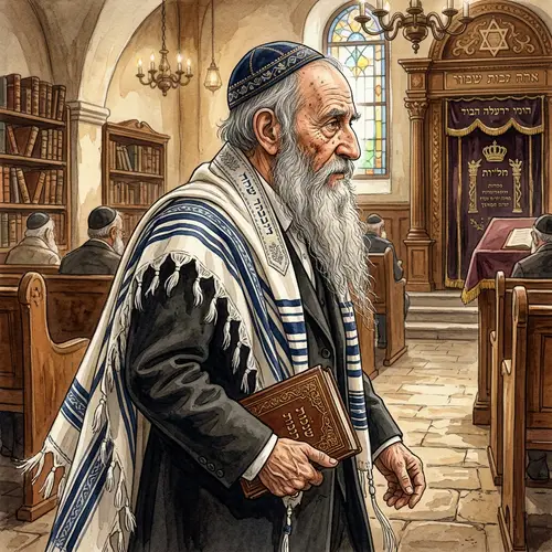Elderly Rabbi Portrait with Long Gray Beard, Kippah & Tallit